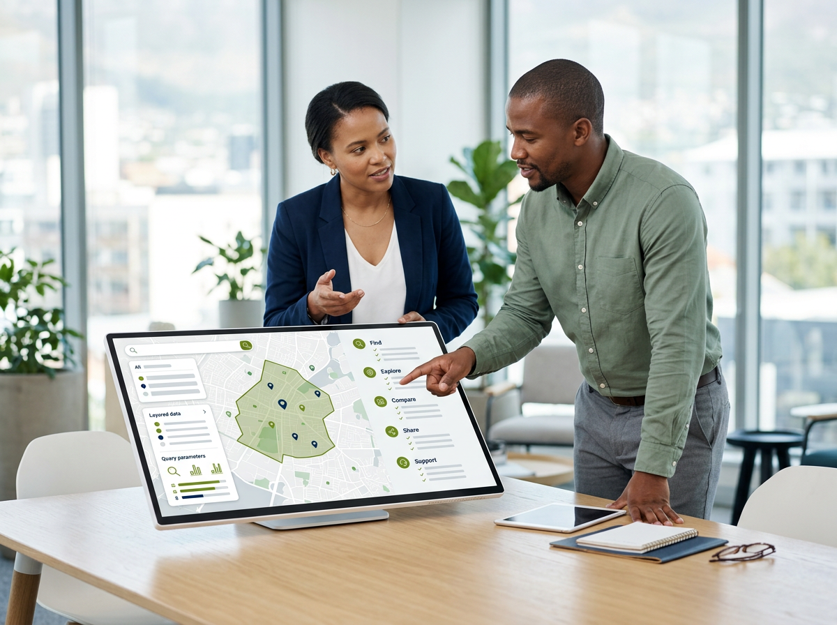 Location intelligence platform interface alongside a checklist for finding, exploring, comparing, sharing and support.