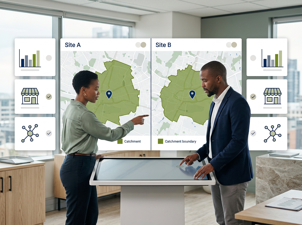 Side-by-side comparison of two business locations using matching catchments and market indicators.