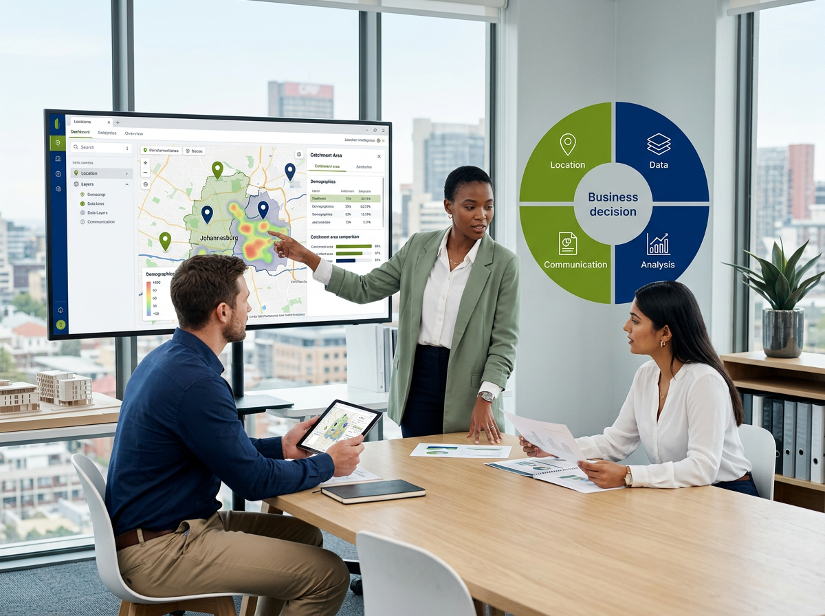 Four-part location intelligence model connecting location, data, analysis and communication to a business decision.