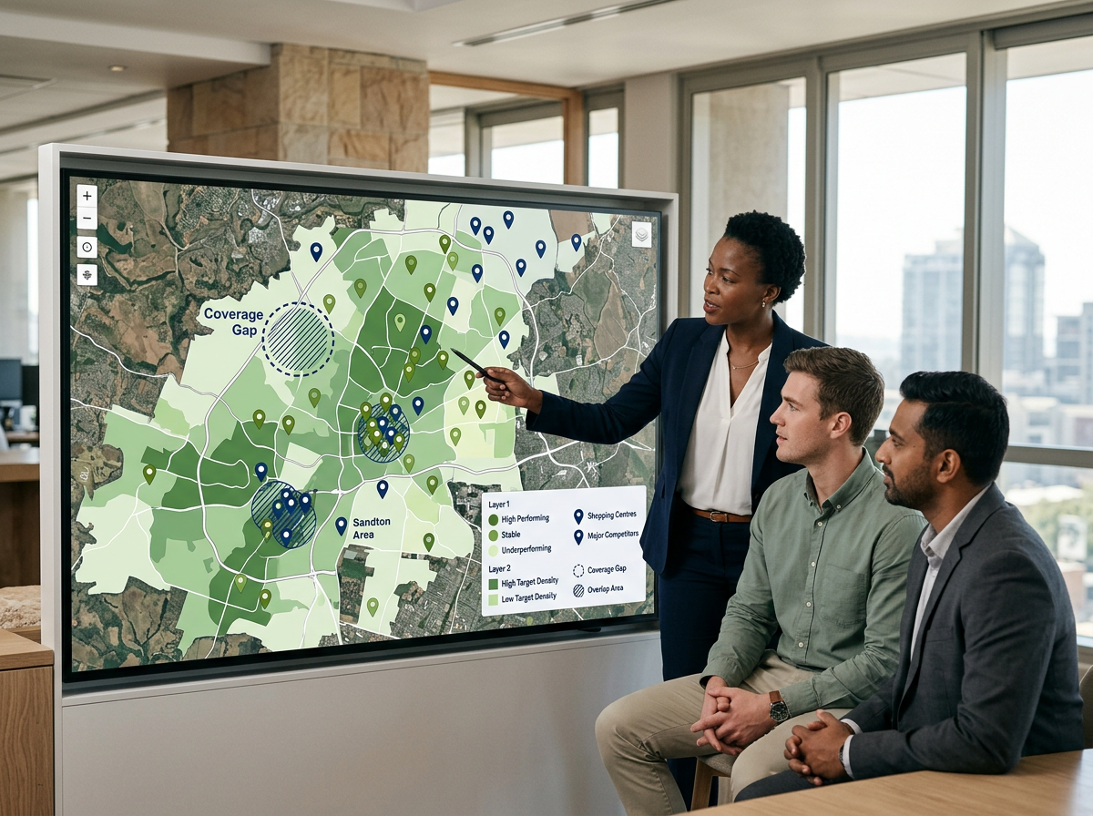 Map-based business planning view showing store patterns, target customers, a network gap and an overlap area.