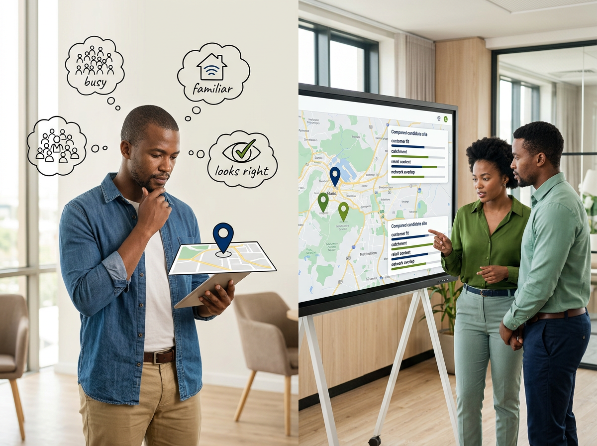 Comparison of an instinct-led single-site view with a data-led shortlist of retail locations.