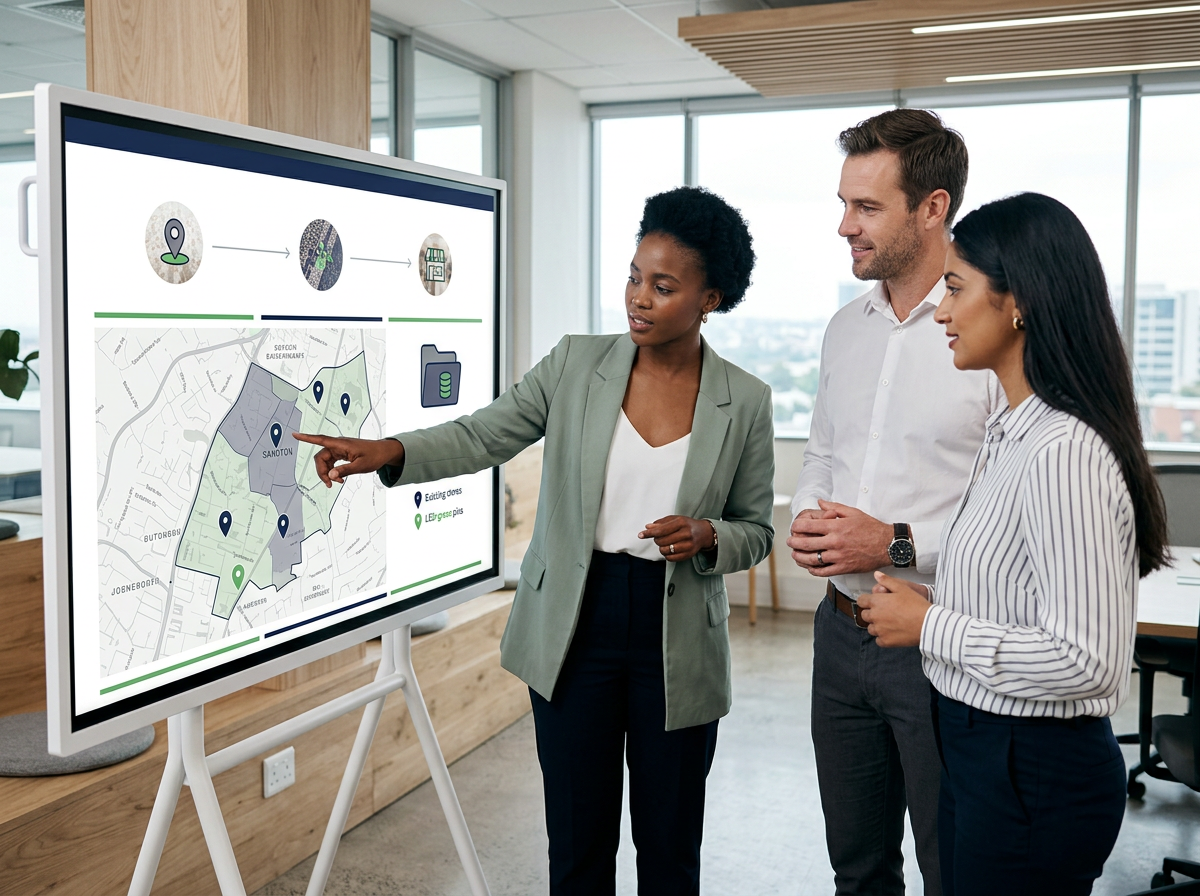 Location intelligence workflow from a mapped retail site through market layers and comparison to a decision-ready recommendation.