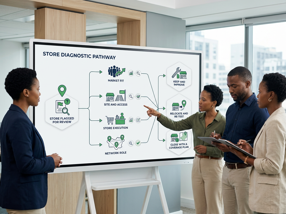 Data-led decision tree for choosing whether to keep, relocate or close a retail store.