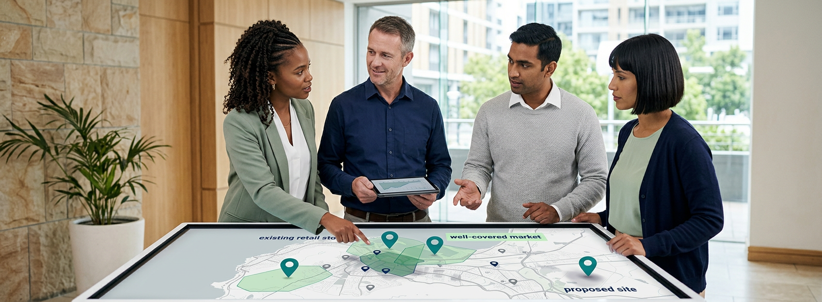 Retail network map showing store catchments, overlapping coverage and a potential expansion area.
