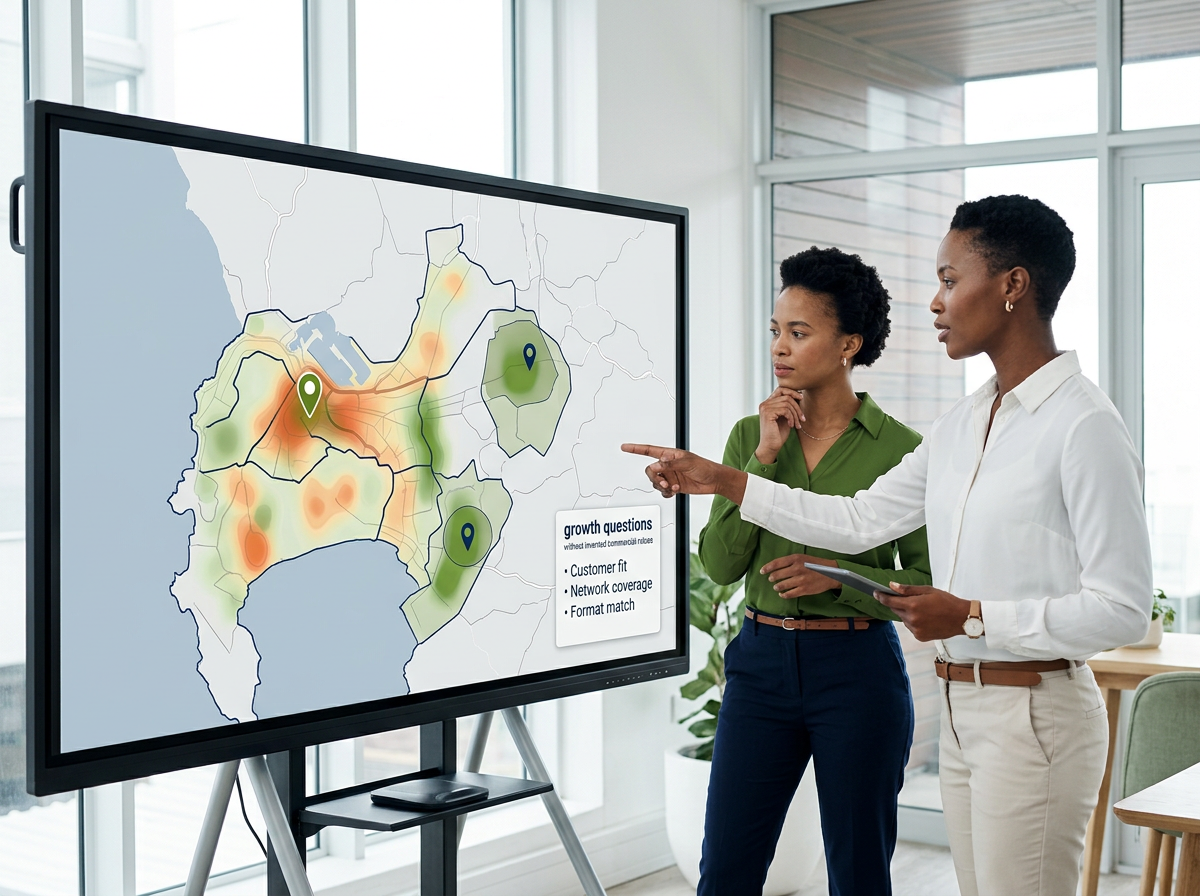 Demographic growth map showing target-customer concentrations, existing stores and potential retail expansion zones.